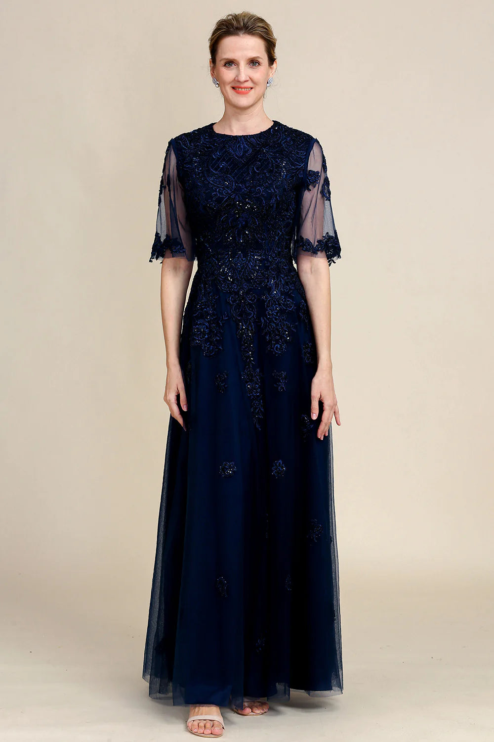 Sparkly Navy Beaded Mother of the Bride Dress with Lace